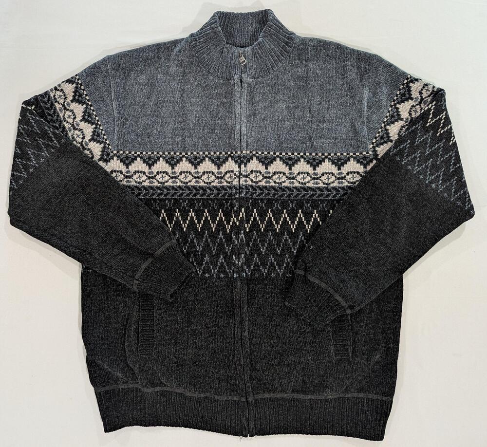 Gioberti Sweater Mens XL Gray Fair Isle Full Zip Mock Neck Knit Pockets
